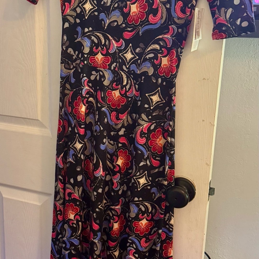LuLaRoe Black Maxi Dress with Red and Blue Floral Design